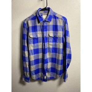American Eagle Mens Blue Gray Buffalo Plaid Flannel Shirt Classic Fit Medium